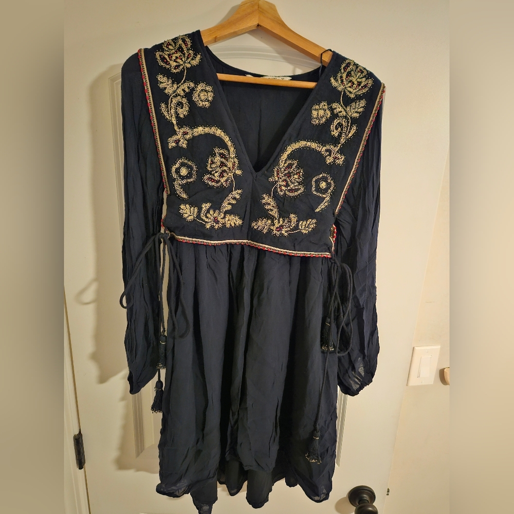 Zara Basic Embroidered Boho Dress with Tassel Tie